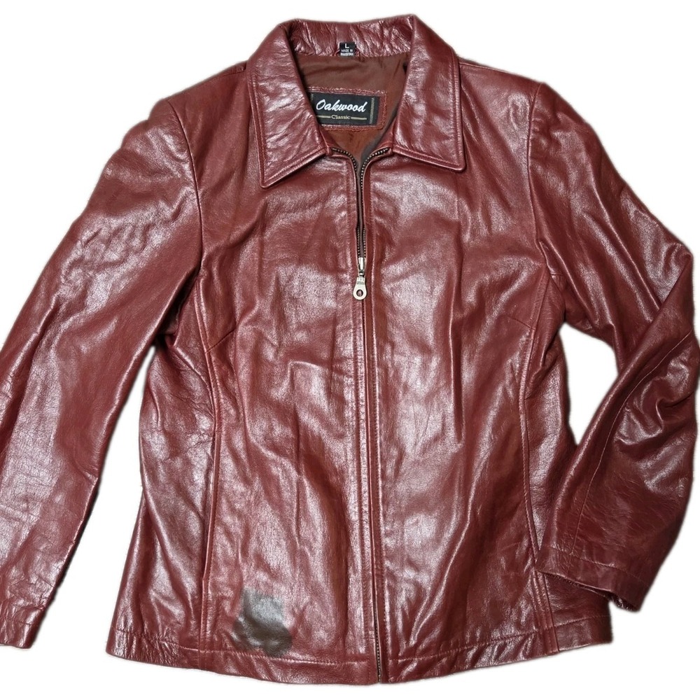 Vintage Oakwood Genuine Leather Womens L Full Zip Maroon Lined Jacket